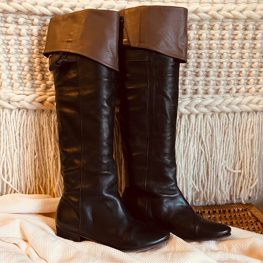 JOIE Lamb Skin Leather Knee-High Riding Boots Black with Brown Lining size 5.5